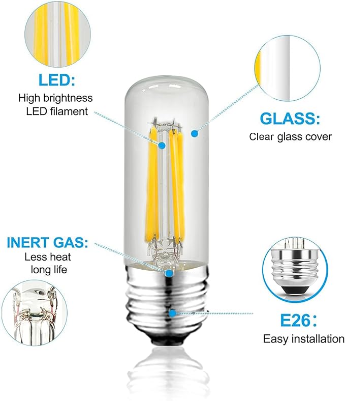 3.2 Inch 3000K Warm White E26 LED Bulb 60 Watt Equal, AC 120V 600LM Edison Bulbs Dimmable, 6W T10 T30 Tubular Filament Light Bulbs Clear Glass for Fan Pendant Wall Light, UL Listed-4 Pack