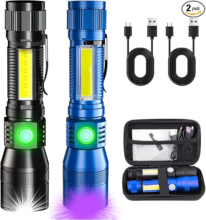UV Rechargeable Flashlights Tactical,1000 High Lumens 3 in 1 LED Black Light Flashlight-Magnetic Base/Sidelight/Zoomable, Bright Pocket Flash Light with Case Box for Stains Detection Blue/Black