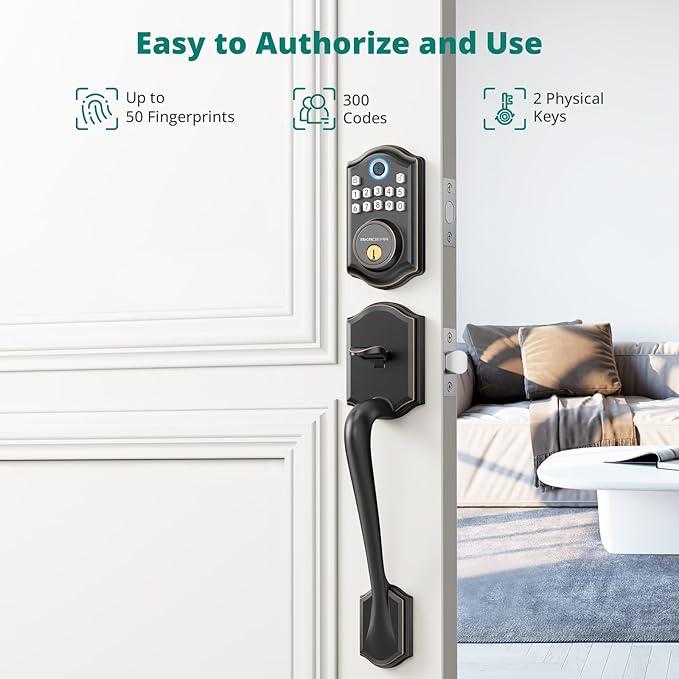 DS10 Keyless Entry Door Locks - Keypad Lock with Handle Set, Fingerprint Deadbolt, Smart Locks for Front Doors, Auto-Lock & One Touch Locking, 2 Keys, Easy Installation