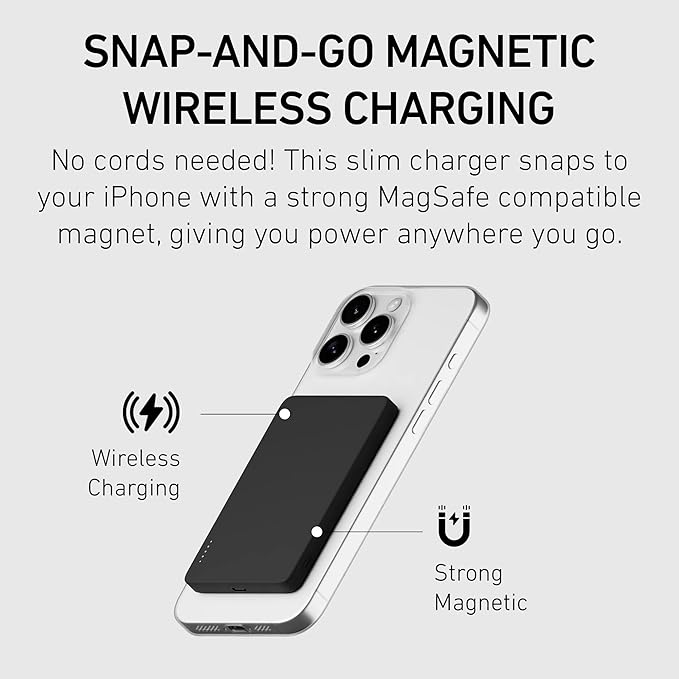 PEEL Magnetic Wireless Portable Charger – Ultra Slim 5,000mAh Power Bank, Compatible with MagSafe Devices, 15W Wireless & 20W USB-C Fast Charging, Lightweight for iPhone 16/15/14/13/12 (Black)