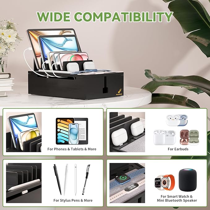 Pezin & Hulin Bamboo Charging Station for Multiple Devices, USB Charger Dock Organizer, with Power Supply (10 Ports HUB), 6 Cables, Cable Management Organizer for Cell Phones, Tablets -Black