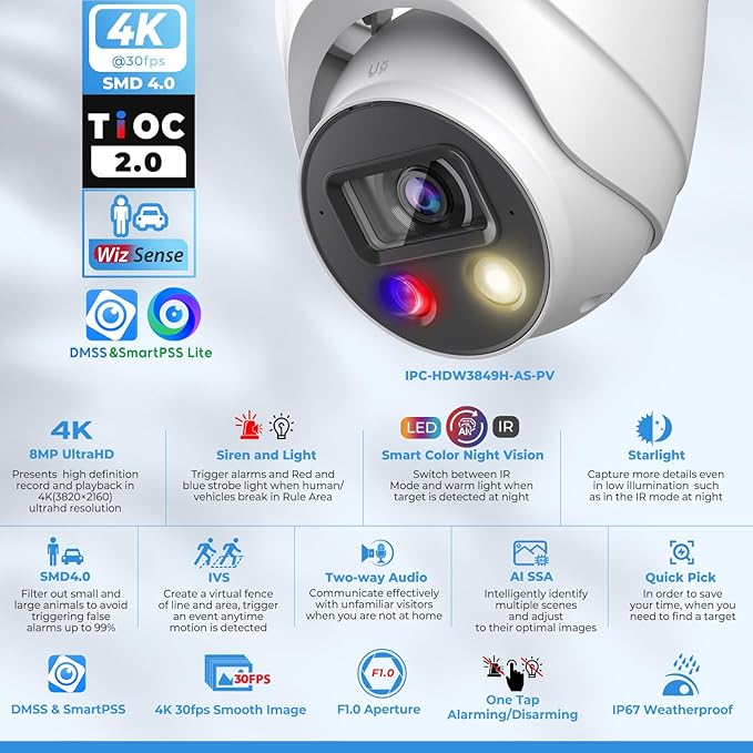 UltraHD 8MP Outdoor IP POE Camera, DMSS APP, 4K @30fps, TiOC Active Deterrent, 98ft Dual IR Color Vision F1.0, Indoor Network Camera, SMD4.0, 2-Way Audio, Vehicle & Human Detection, IVS, IP67, AI SSA