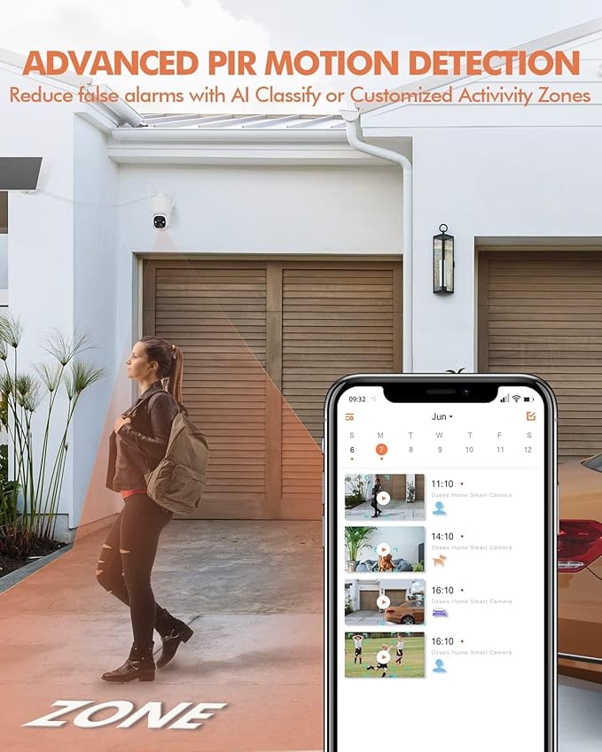 Dzees Solar Security Cameras Wireless Outdoor, 2K Battery Powered Security Camera, 360° PTZ Camera with Spotlight, Siren, Color Night Vision, AI Dectection, IP66 for Home Security, 2.4GHz 2-Pack