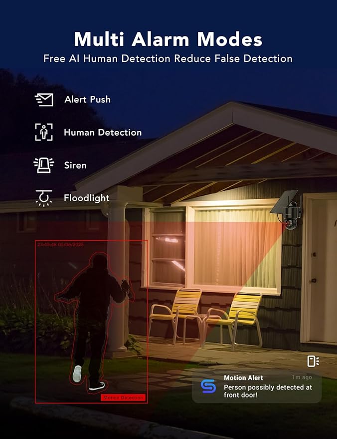 2K Solar Security Cameras Wireless Outdoor, 360°PTZ Battery Powered Cameras for Home Security, 2.4G WiFi Outdoor Camera with Color Night Vision, IP66 Waterproof, Motion Sensor Alarm, Black，2Pack