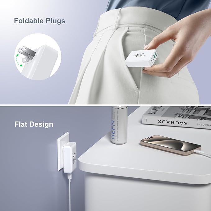 USB C Wall Charger 40W, Excgood 4-Port Flat USB C Charging Block Dual PD+QC Slim Fast Foldable Wall Plug Travel Compatible for iPhone 16 15 Pro Max 14 13 iPad Watch Galaxy S24 Pixel,2Pack Black White