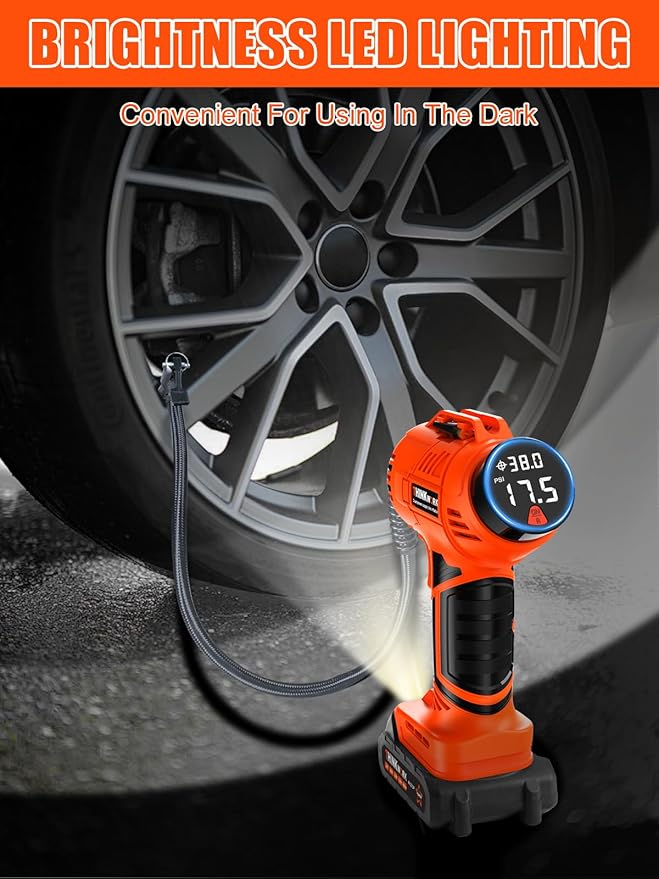 Tire Inflator Portable Air Compressor, Cordless Car Tire Pump with 20V Rechargeable Battery, 12V Car Power Adapter, Digital Pressure Gauge, 150 PSI Handheld Air Pump for Car, Motorcycle, and Bike