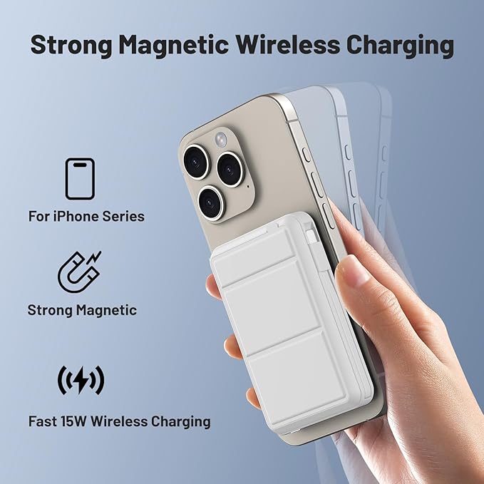 Azmuth for Magsafe Battery Pack, 10000mAh Magnetic Power Bank 22.5W PD Fast Charging with USB-C Cable LED Display Wireless Portable Charger with Stand for iPhone 16/15/14/13/12/Pro (White)