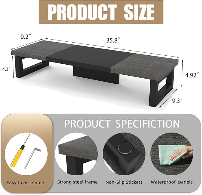 WESTREE Dual Monitor Stand Riser, Wood and Steel Monitor Stand Riser, Computer Monitor Stand for 2 Monitors, Multi-Purpose Desktop Storage Stand for Computer,Laptop,Printer,TV