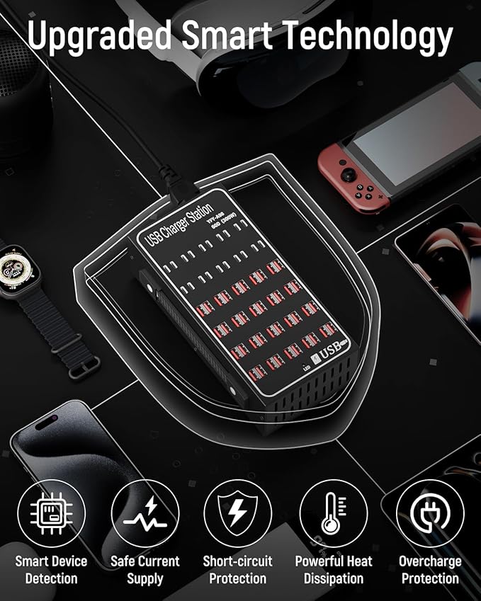 60 Port 300W(60A) USB Charging Station, Multi USB C Charger Station Block with Intelligent Protection, Desktop Charging Station for Multiple Devices, Suitable for Schools, Hotels, Shops and Malls