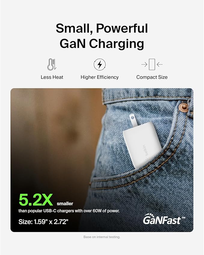 Belkin 65W Dual USB C Charger Block, Super Fast Charging PD3.0 w/ GaN Technology - Samsung Galaxy S25, Apple iPhone 16, 15, 14, 13, Pro, Pro Max, iPad, MacBook, Nintendo Switch 2 & More - White