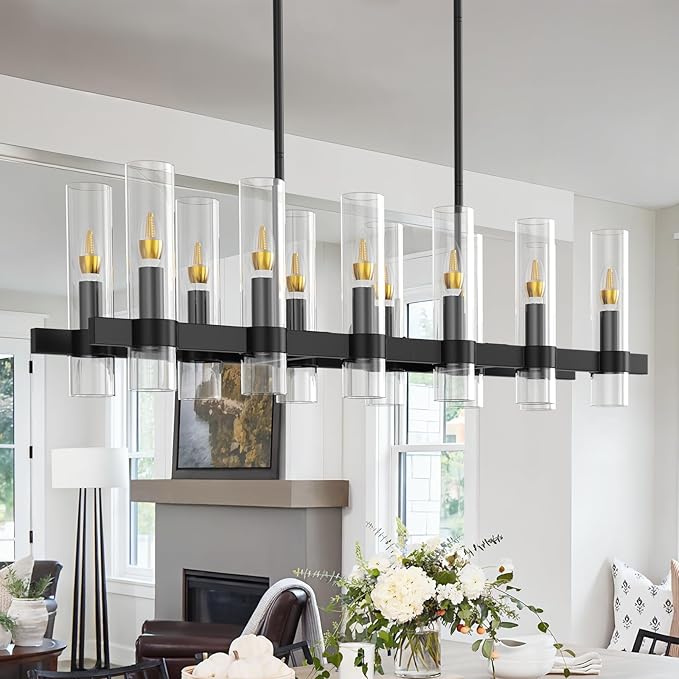 Modern Black Island Rectangle Chandelier with Clear Glass,48” Adjustable Height Modern Linear Light Fixture 12 Light Dining Room Chandelier Over Table for Dining Room Kithen Island