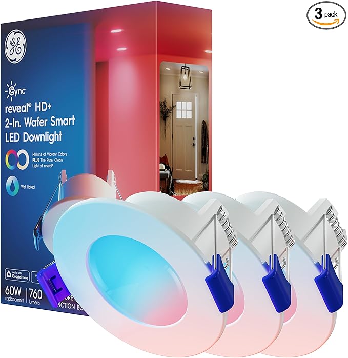 GE Cync Reveal HD+ Smart LED Wafer Downlight, Color Changing LED Light, Works with Alexa and Google Home, Matter Compatible, No Recessed Lighting Housing Required, Ceiling Lights, 2 Inch (3 Pack)