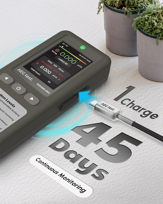 HOUND-1011 Portable Radon Detector for Home, Lightweight, High-Accuracy Sensor, 45-Day Monitoring, Easy-to-Use Radon Tester, Short- & Long-Term in pCi/L or Bq/m³ for Basement – Gray