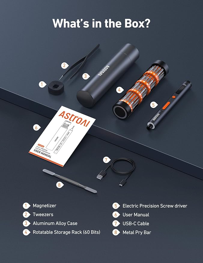 AstroAI ES60 3.7V Mini Electric Screwdriver, 63-in-1 Electric Screwdriver Cordless Set with 60 Magnetic Bits, Rotatable Magnetic Storage, Repair Tool Kit for Phone Camera Laptop Watch