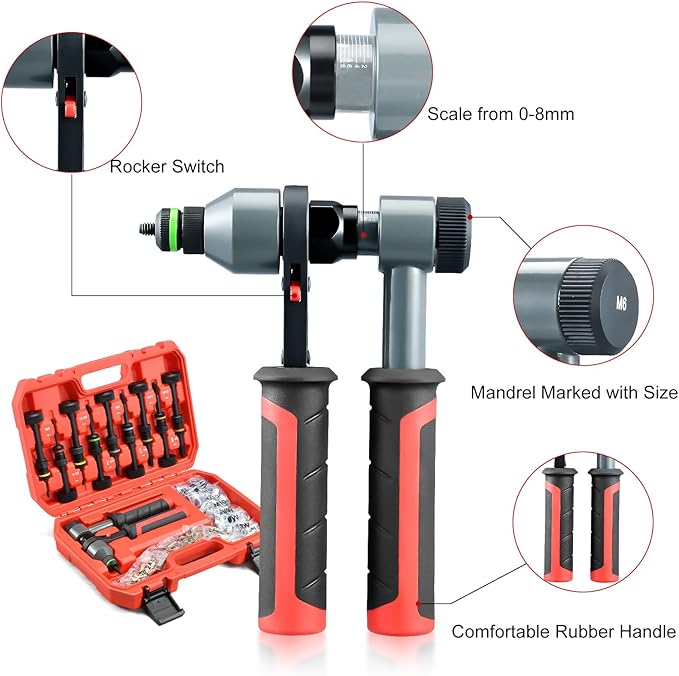 AOBEN Rivet Nut Tool Kit, Nutsert Gun Kit, Upgraded Rivnut Tool with 10 Metric and SAE Madrels, 100 Pcs Rivnuts, and Rugged Carrying Case