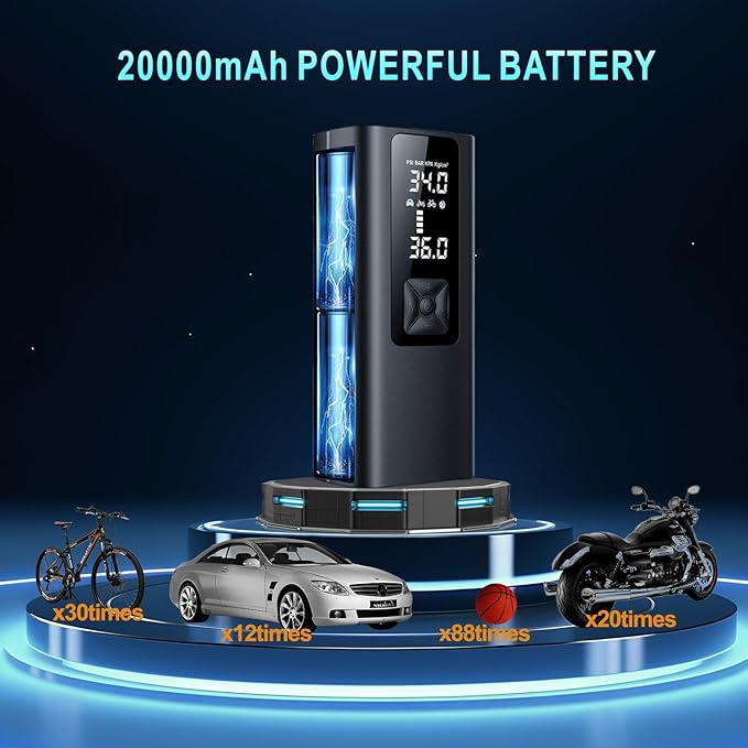 Tire Inflator Portable Air Compressor, 150 PSI & 3X Faster Cordless Air Pump for Car Tires, with Tire Pressure Gauge, LCD Dual Screen, Automatic Stop and LED Light, Bike Pump, for Motorcycle, Ball