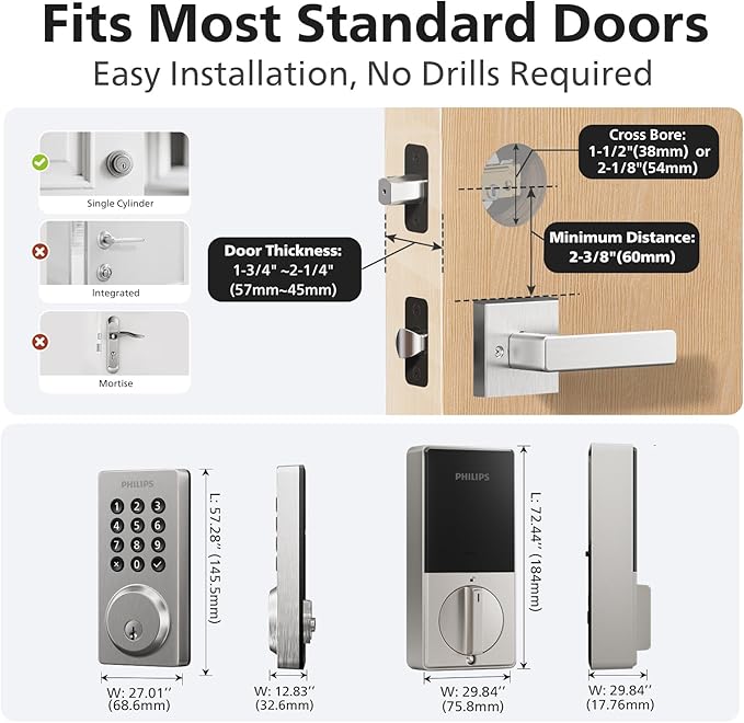 Philips WiFi Smart Lock, Smart Locks for Front Door, Keyless Entry Door Lock, Smart Lock Keypad Deadbolt, Buit-in WiFi, APP Remote Access, Auto Locking, Work with Alexa & Google Assistant