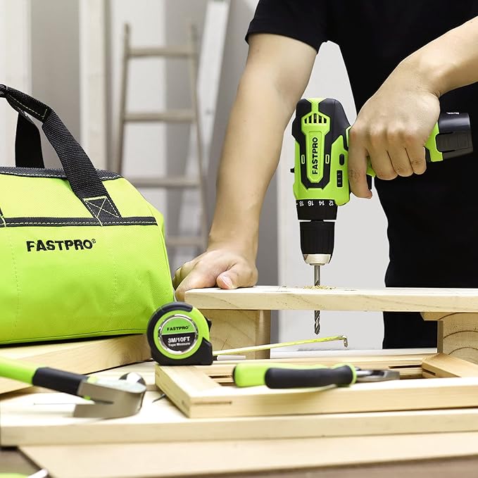 FASTPRO 175-Piece 12V Cordless Drill Set, Drill Driver and Home Tool Kit, House Repairing Tool with 12-Inch Storage Tool Bag, For DIY, Home Maintenance, Green