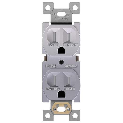 ENERLITES Elite Series Duplex Receptacle, Residential Grade Wall Outlet, Duplex Electrical Outlet, Self-Grounding, 3-Wire, 2-Pole, 15A 125V, UL Listed, 61580-SV, Silver