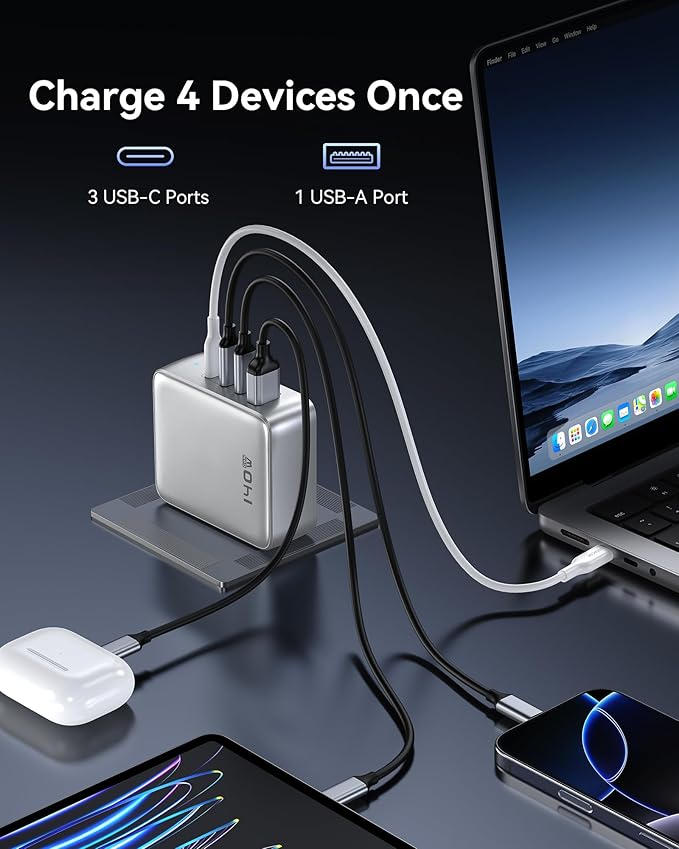 140W USB C Charger, 4 Ports GaN Charger Block Charging Station, Foldable and Compact Fast Wall Charging Power Adapter for MacBook Pro/Air, Dell XPS, iPad Pro, iPhone Series, Galaxy S24, and More