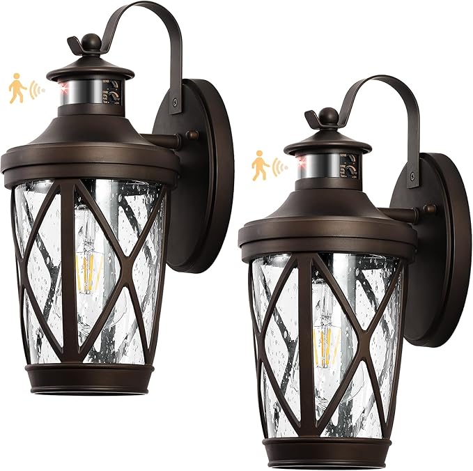 VIANIS Motion Sensor Outdoor Wall Lantern for Porch, Oil Rubbed Bronze Exterior Lighting Fixtures Wall Mount, 2-Pack Exterior Sconce Light with Tempered Seed Glass, Outdoor Garage Lights for Coach