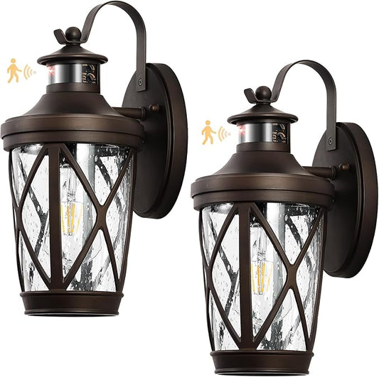VIANIS Motion Sensor Outdoor Wall Lantern for Porch, Oil Rubbed Bronze Exterior Lighting Fixtures Wall Mount, 2-Pack Exterior Sconce Light with Tempered Seed Glass, Outdoor Garage Lights for Coach