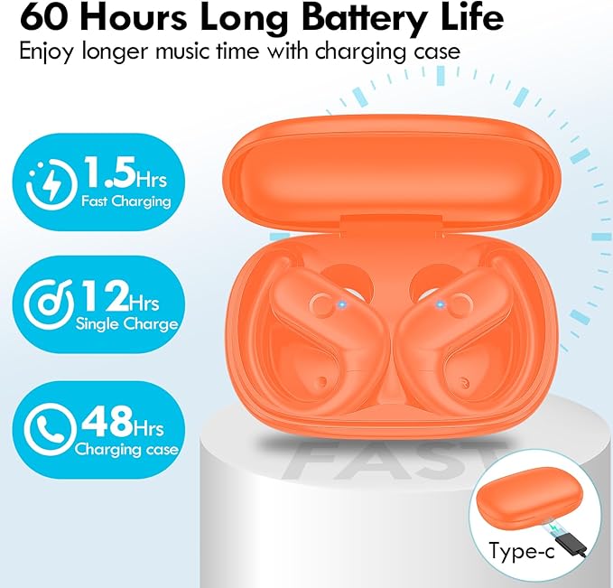 kurdene Wireless Earbuds Bluetooth Headphones Sport,Over Ear Buds with Deep Bass Sound,60Hrs Playtime Earphones Redesigned Comfort Fit with Earhooks for Running,Meeting,Workout-Orange