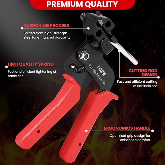 Stainless Steel Cable Tie Gun Set – Heavy Duty Metal Zip Tie Tool Kit with 150PCS Self-Locking Ties, Adjustable Fastening & Cutting Tool for Outdoor Fencing, Exhaust Pipes, Automotive (Red)