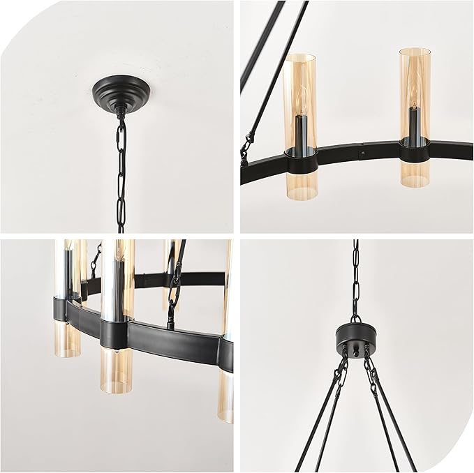 43 Inch Black Wagon Wheel Chandelier, 12 Lights, with Brown GlassShade, Large Hanging High Ceilings Chandeliers for Dining Room KitchenFoyer En
