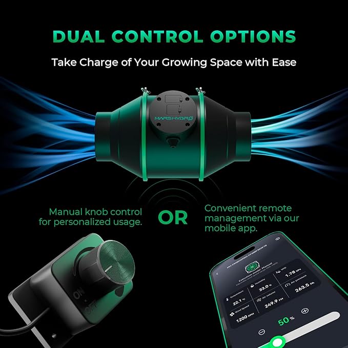Mars Hdyro iFresh 4 Inch Smart Inline Duct Fan with Variable Speed Controller, 205 CFM App Control Ventilation Exhaust Fan for Grow Tents, Hydroponics