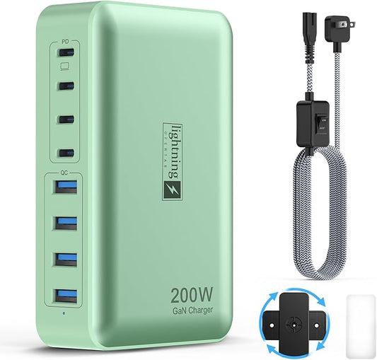 8-Port Multiple Charger Station 200W with Flat Plug, Braided Power Cord, and On/Off Switch- USB Charging Hub for iPhone, iPad, MacBook and More- 65W C Port Power Adapter for Laptops