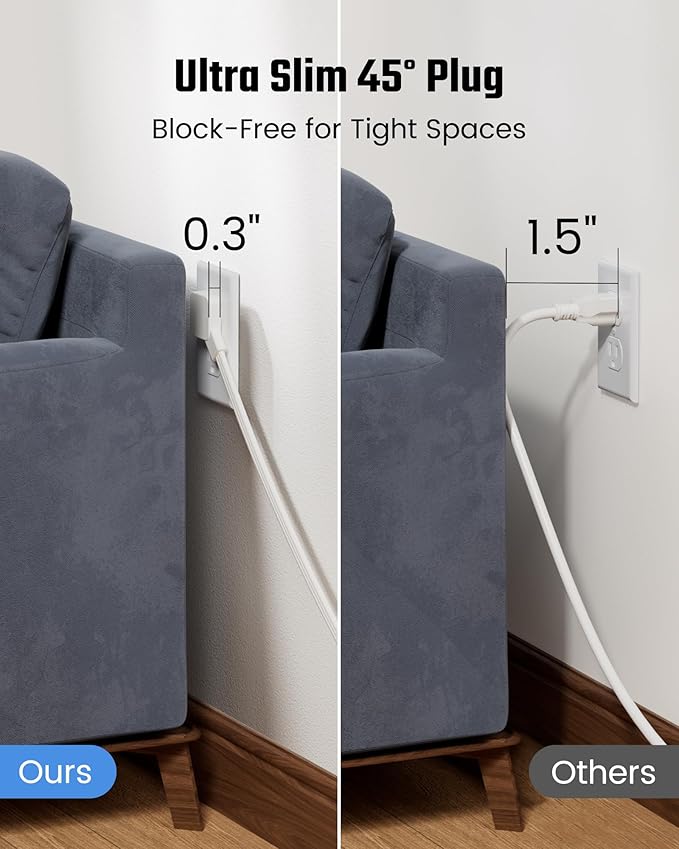 Extension Cord 15ft SUPERDANNY Mini Power Strip Ultra Right Angled Flat Plug for Tight Spaces,Indoor Extension with 3 Outlets,for Office Home Appliances,Non Surge Protector for Travel Cruise,White