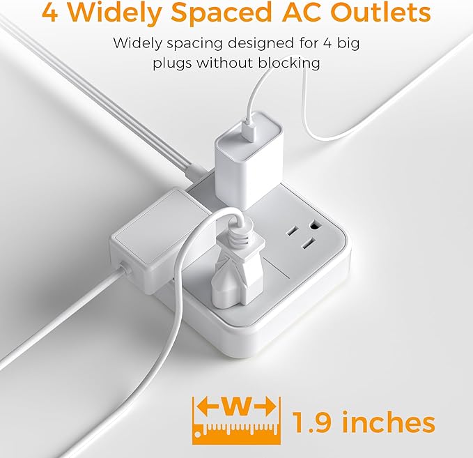 Surge Protector Power Strip, TESSAN 5 ft Extension Cord Flat Plug with 4 Widely Outlets, Indoor Desk Charging Station with Surge Protection for Home, Office Supplies, Dorm Room Essentials