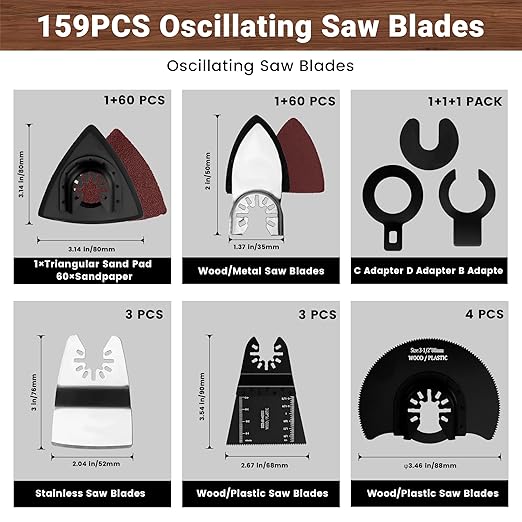 159 PCS Oscillating Saw Blades with Sandpaper, Universal Titanium Multitool Blades for Wood/Plastics/Metal, Quick Release Multi Tool Kits Compatible with Dewalt, Ridgid, Ryobi, Rockwell