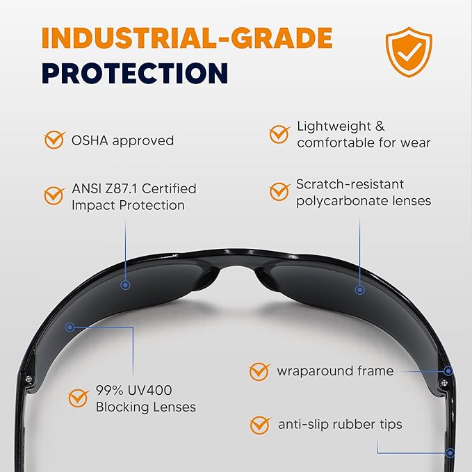 Tinted Safety Glasses 24pk, Safety Sunglasses Bulk UV Protection ANSI Z87.1, Protective Eyewear Scratch Impact Resistant Safety Goggles for Men Women Work Construction Lab Smoke Grey& Blue Frame