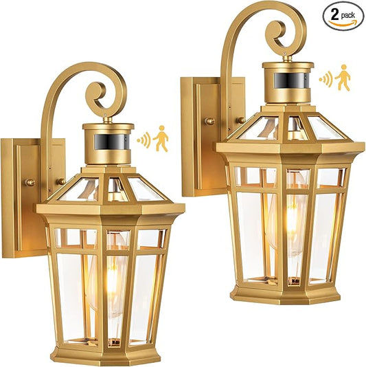 Motion Sensor Outdoor Wall Lights, 2-Pack Outdoor Porch Lights Wall Mount, Gold Exterior Wall Sconce Lantern, Anti-Rust Patio Wall Light Fixture, Outside Garage Lights, Adjustable Sensitivity