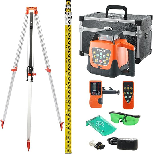 VEVOR Green Rotary Laser Level 2000ft, 360 Degree Self Leveling Laser Level Kit,with Surveying Tripod & 5m Staff, IP66 Waterproof Remote Control, 5 Rotation Speeds (Ship in Three Packages)