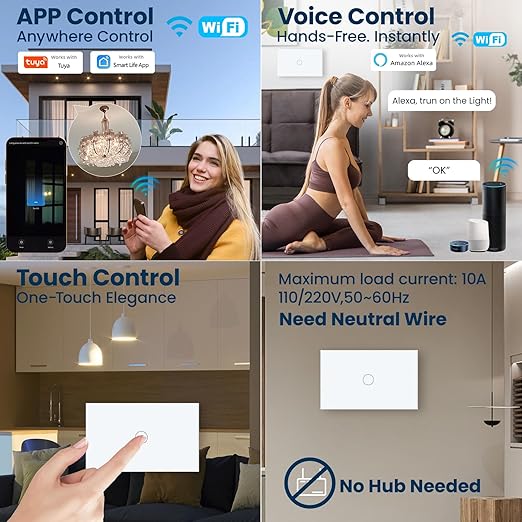 Smart Light Switch 3 Way Need Neutral Wire,FCC Certified,2.4GHz WiFi Switch Glass Panel APP Control Timer Work with Tuya/Smart Life,Alexa and Google Home,White 1 Gang