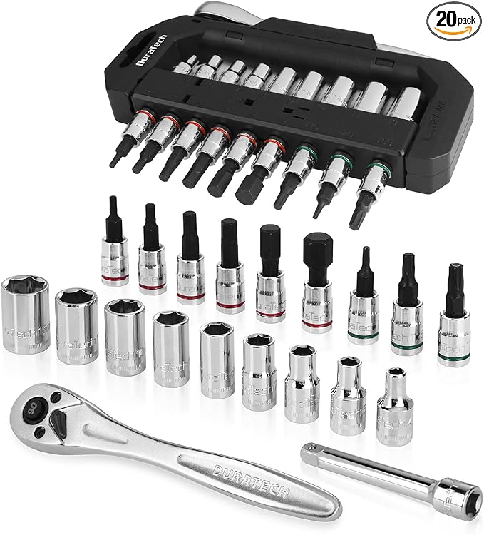 DURATECH 1/4" Drive Socket Set 20 Pieces, Including Metric and SAE Bit Sockets, Ratchet Wrench, Extension Bar, and Swivel Storage Rack, Cr-V S2 alloy steel, Meets ANSI Standards