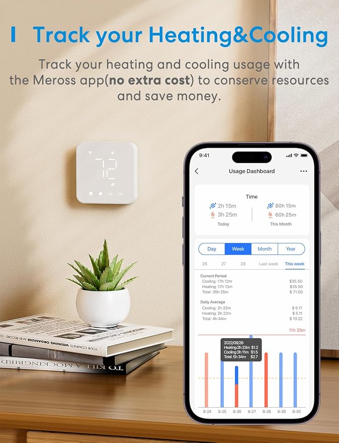 meross Smart Thermostat for Home, WiFi Thermostat Works with Matter, Alexa, Apple Home, Google Assistant, App & Voice Control, 7x24h Scheduling, Energy Saving, C-Wire Required