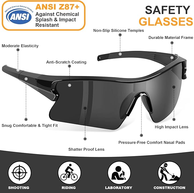 Safety Glasses Goggles for Men, Anti Scratch ANSI z87+ Compliant UV Protection Protective Eyewear Rubber Non-slip Leg