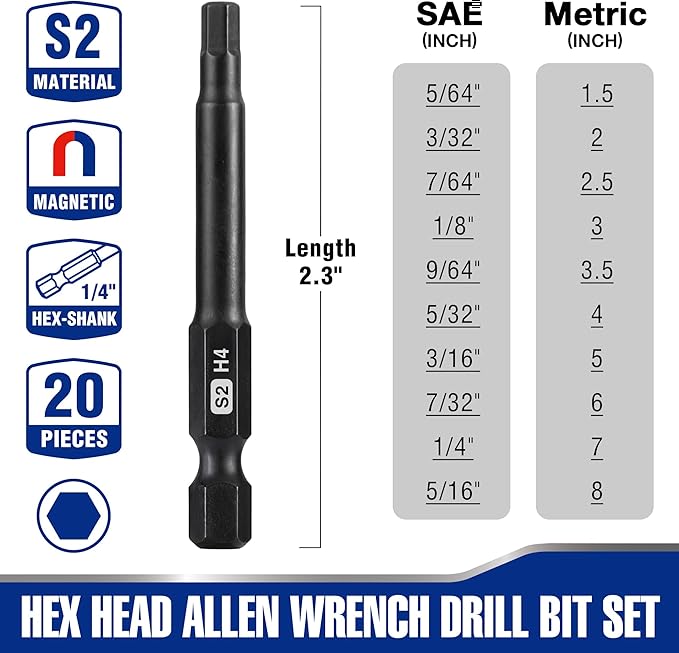 WORKPRO 20pcs Hex Head Allen Wrench Drill Bit Set, CNC Machined S2 Steel Magnetic Metric and SAE Hex Bits, 1/4 Inch Square Shank Driver Bits, 2.3" Long Screwdriver Bits Set With Storage Box