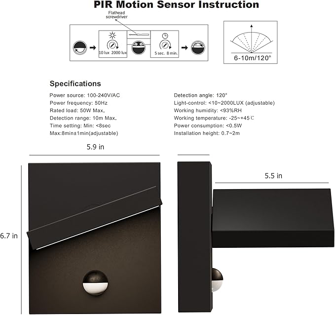 Lustrlach Outdoor Motion Sensor Wall Light LED Exterior Lighting Fixture for House Modern Porch Light Aluminum with Adjustable Head IP54 Waterproof Sconce for Patio Garden Garage,Black