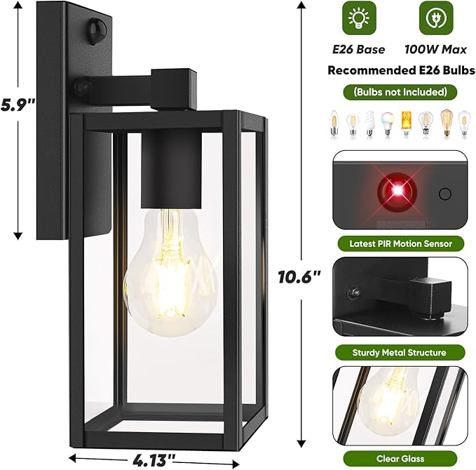 2-Pack Upgraded Motion Sensor Outdoor Wall Lights, 10.6” Small Dusk to Dawn Porch Lights Wall Sconce Lanterns, 3 Lighting Modes Exterior Lighting Fixtures, Black Outside Lights for House Front Door