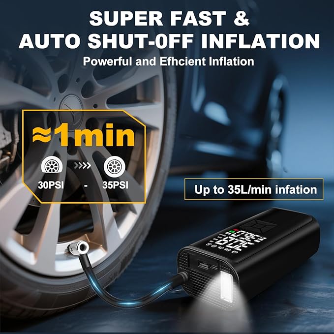 Tire Inflator Portable Air Compressor, 150 PSI Air Pump For Car Tires with Digital Pressure Gauge, Cordless Pump with LED Light and Auto Shut-Off Function, Suit for Car,Motorcycle,Bicycle,Balls & More