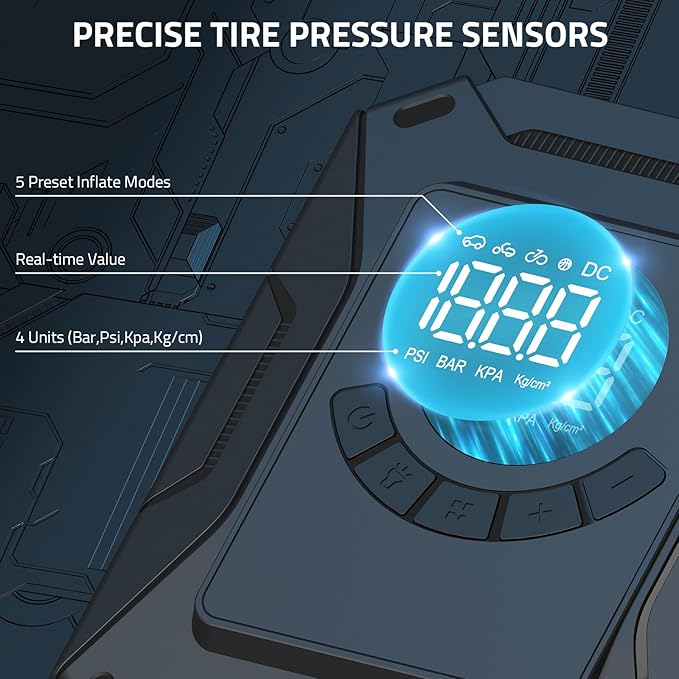 PAULINN Tire Inflator Air Compressor 12V DC Portable Air Pump 150 PSI for Car Tires, Auto Tire Pump with Digital Pressure Gauge, Auto Shutoff & LED Light for Cars, Motorcycles, Bikes & Balls, Black