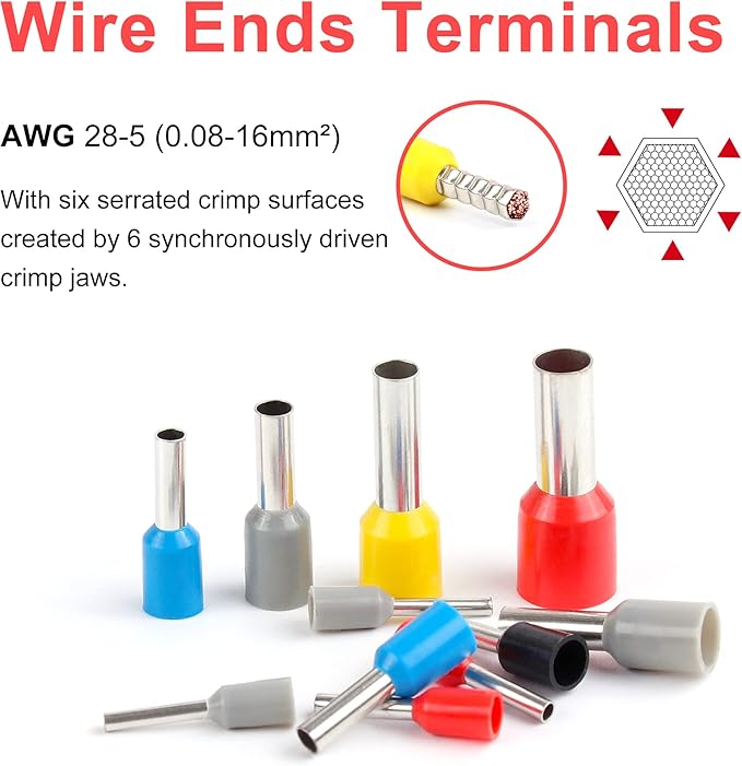Zhushan Wire Ferrule Crimping Tool - 16-6 Square Jaw Crimping Pliers - Self-Adjustable Ratchet for AWG 28-5 (0.08-16mm²) - Ideal for Wire Terminals, Cables, and End-sleeves