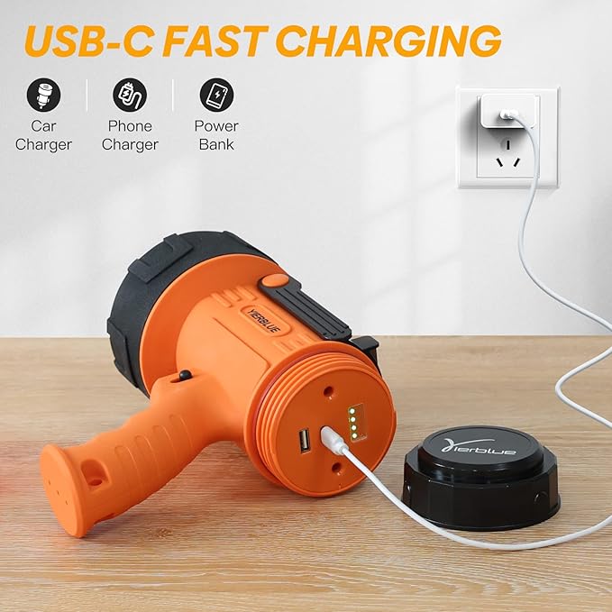 YIERBLUE Rechargeable Spotligh with 1000,000 Lumen LED, Handheld Rechargeable Spotlight IP67 Waterproof Flashlight, 9h Ultra-Long Standby, Ideal Spotlight for Boating, Camping