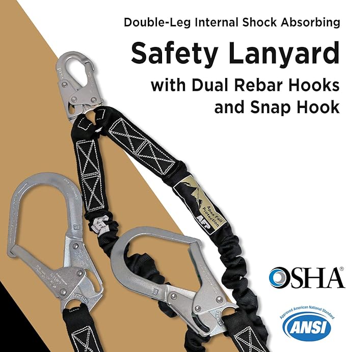 AFP 6FT Double Leg Internal Shock Absorbing Safety Fall Protection Lanyard with Dual Pelican Rebar & Snap Hook | Heavy-Duty Webbing | OSHA & ANSI Rated (Steel)