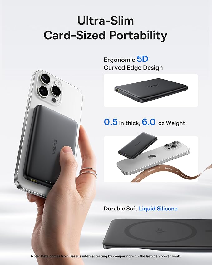 Baseus Picogo Magsafe Portable Charger, Qi2 Certified 0.5" Ultra Slim 15W Wireless Power Bank, 10000mAh 27W Fast Charging Magnetic Battery Pack with USB-C for iPhone 16/15/14/13/12 Series Only
